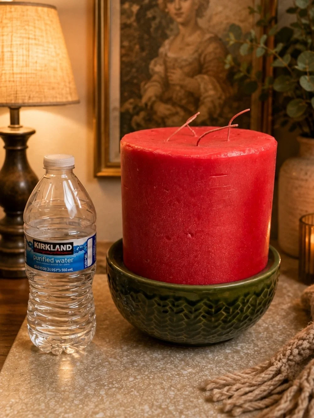 Red Triple-Wick Pillar Candle with Green Ceramic Holder